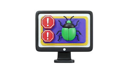 Computer monitor displaying a bug and warning signs