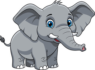 Fototapeta premium Cute Cartoon Baby Elephant Character with Large Ears and Blue Eyes, Friendly Grey Jungle Animal Standing, Isolated Vector Illustration, Mascot