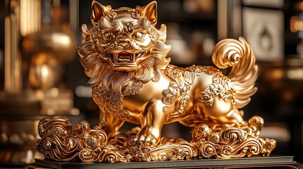 Golden lion statue symbolizing protection.