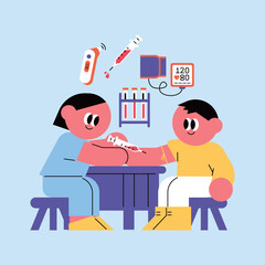 Modern flat illustration of nurse and male patient during vaccination at clinic desk with medical equipment icons.