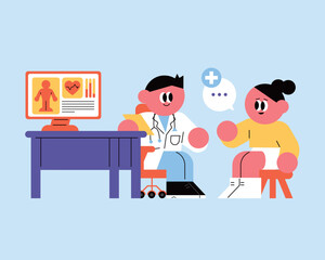 Modern flat illustration of doctor and female patient reviewing medical data on laptop screen, digital healthcare concept.
