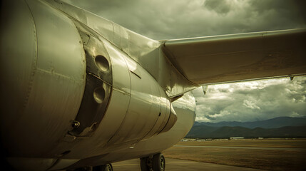 Close-up view of stabilizer fins on a large aircraft's tail section parked on a tarmac under cloudy skies.