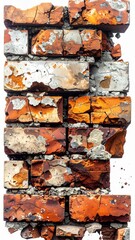 Distressed Brick Wall Section with Weathered White Cement on White Background