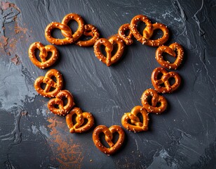 Heart Shaped Pretzels on Dark Textured Surface Still Life