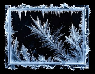 Frosty Blue Frame on Dark Background with Intricate Ice Crystal Patterns