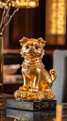 Elegant golden dog statue in modern setting.