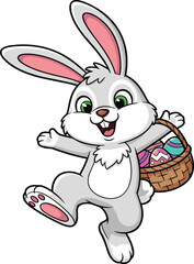Obraz premium Cute Cartoon Easter Bunny Rabbit Character Carrying a Basket of Decorated Eggs, Happy Jumping Spring Animal Illustration, Isolated on White, Vector