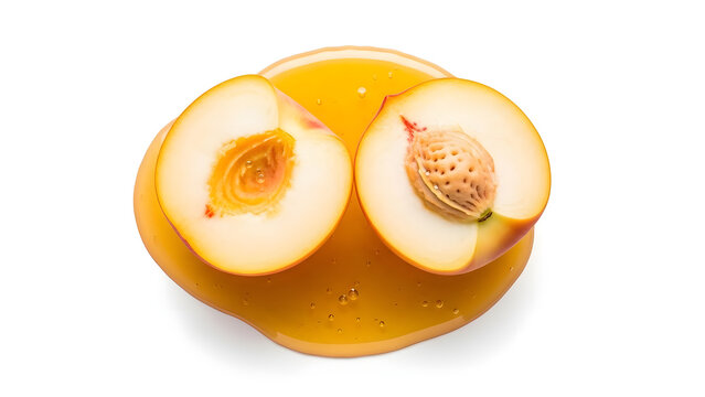A halved peach with its pit exposed on a white background