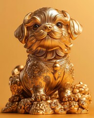 Golden dog statue symbolizing luck and prosperity.