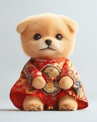 Cute plush puppy in traditional attire.