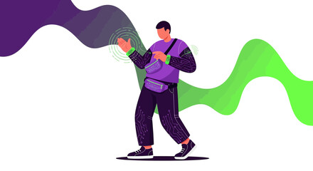 Futuristic interaction illustration, showcasing connected technology with a man using smart