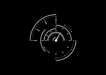 Linear, technologically advanced semi-circular dial concept. Electronic dial interface on a black background. Dial concept for business, education, sports, and technology worlds