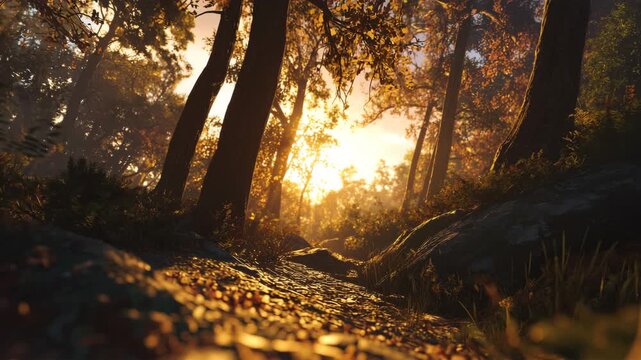 夕暮れ前の黄金光が紅葉の森を照らす広角風景、人物なし