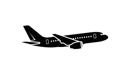 Black Silhouette Passenger Airplane Flying Isolated White Background