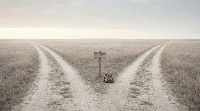 A weathered backpack rests near a forked path under a sky like pearly haze. A simple sign displays only a question mark, leaving the traveler to ponder which direction to journey. - Powered by Adobe