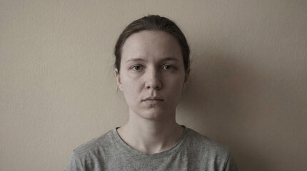A woman with fair skin and tied-back hair stares intensely at the camera. Neutral background and grey shirt keep focus on her thoughtful expression.