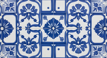 Close-up of intricately patterned blue and white ceramic tiles arranged in a repeating floral motif