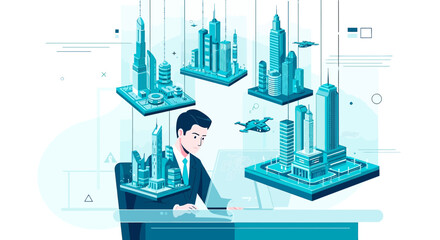 Architectural visualization: Isometric projection showcasing virtual city design and planning with