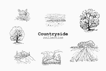 Old windmill and rural farm landscape set for wine label packaging