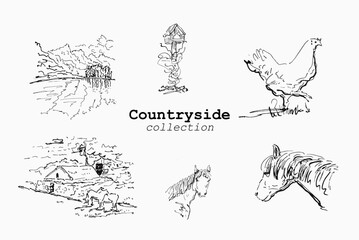 Rural life sketches set with animals and scenery for craft labels