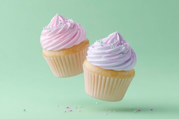 two cupcakes with pink frosting and sprinkles, floating in a pastel green background