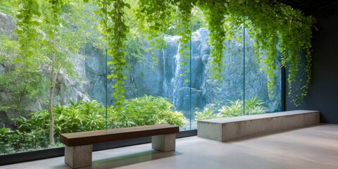 large glass windows with green vines hanging from them, concrete floor and black walls, water cascading down the windows in the background, a wooden seating area visible through the glass.