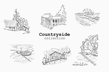 Old village houses and barn sketches set for organic product packaging