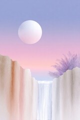 watercolor faded to a pastel pink and beige, with the moon in the sky and large watercolor drips.