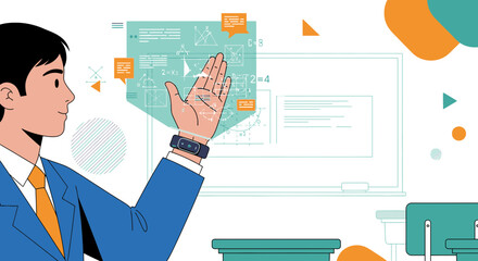 Cartoon lecturer presenting abstract concept diagrams with modern technology in classroom