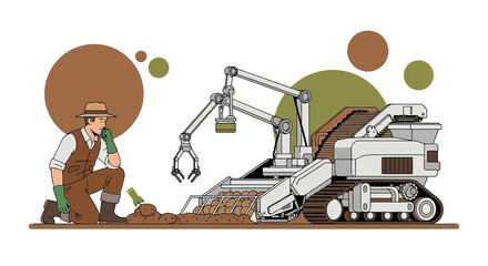 Conceptual illustration depicting innovative agricultural technology and thoughtful farmer