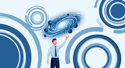 Conceptual Illustration of a Man Manipulating a Galaxy for Business Strategy Presentation