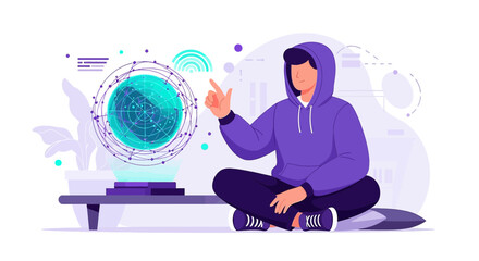 Conceptual illustration of a person interacting with holographic technology interface
