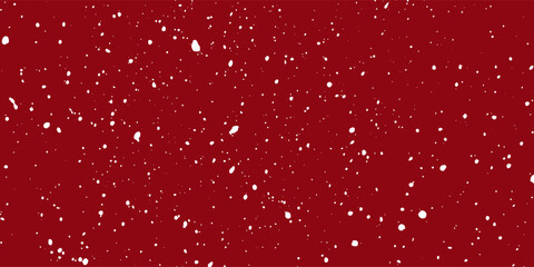 White dots on red background. Gently falling snow pattern. Winter Christmas decoration for greeting card, holiday illustration or banner. Abstract festive design.