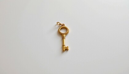 A gold colored key on a white background. The key is small and has a small loop at the top for a chain. It's placed against a blurred background that does not provide any discernible detail.
