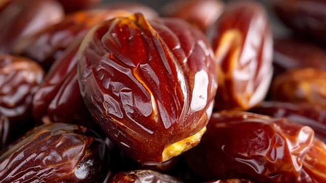A delicious looking macro shot of a single brown date fruit surrounded by more dates