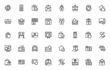 Customer Loyalty icon set. Vector illustration featuring reward, gift, VIP, card, wallet, star, shopping and more. Editable stroke symbols.