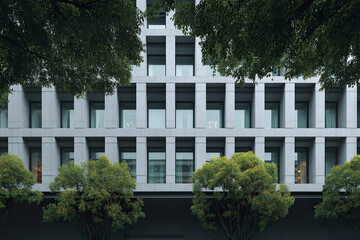 Modern office building exterior with repetitive rectangular windows framed by concrete, surrounded by lush green trees creating calm and balanced urban environment