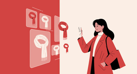 Digital scarf shopping experience with woman interacting with virtual display of accessories