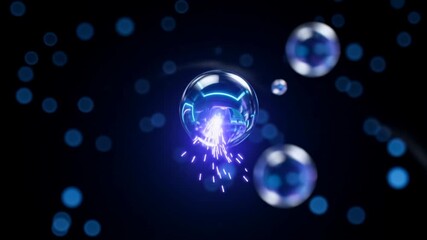 Glowing bubble holds reflective neon circuitry and abstract digital motifs floating against a dark bokeh backdrop. The composition conveys futuristic technology and cybernetic themes with cool blue an - Powered by Adobe