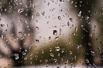 Raindrops on window with blurred background at sunset