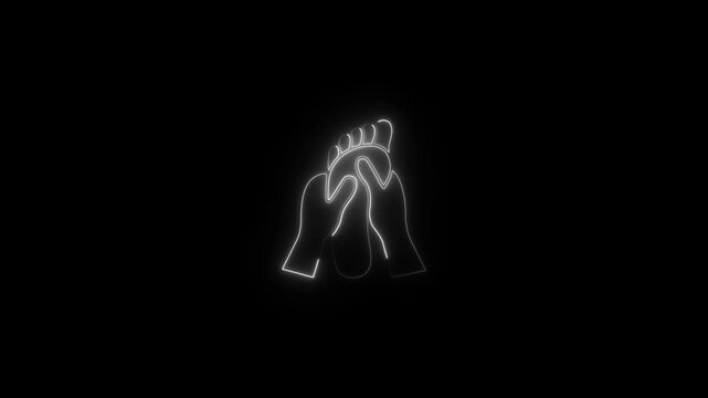 Glowing white outline of praying hands on black background spiritual gesture neon lit palms together