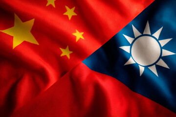 Two flags of Taiwan and China symbolizing geopolitical tension and regional conflict.