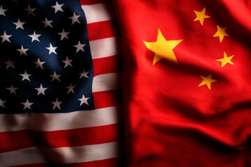 National flags of USA and China representing political confrontation and world power struggle.