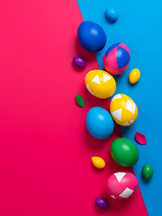 Colorful Easter eggs scattered on vibrant pink and blue background  