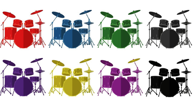Colorful drum set illustrations in various color schemes isolated on white
