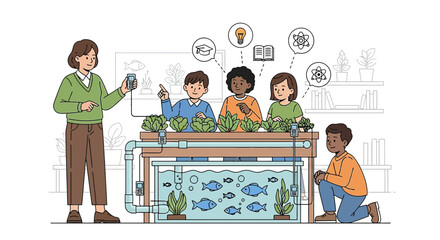 Engaging young learners explore aquaponics science experiment setup in educational setting