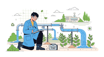Engineer assessing water quality and environmental impact with detailed annotations and
