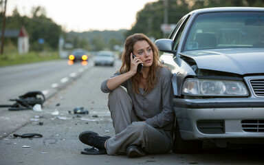 A stressed woman is calling about an accident car. Claim insurance accident, recovery service.