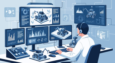 Engineer controlling autonomous vehicle fleet in a modern technological command center with