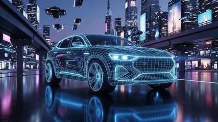 A stunning digital wireframe representation of a sleek futuristic electric car driving through a vibrant neonlit cyberpunk city at night showcasing advanced automotive technology and smart transporta. - Powered by Adobe